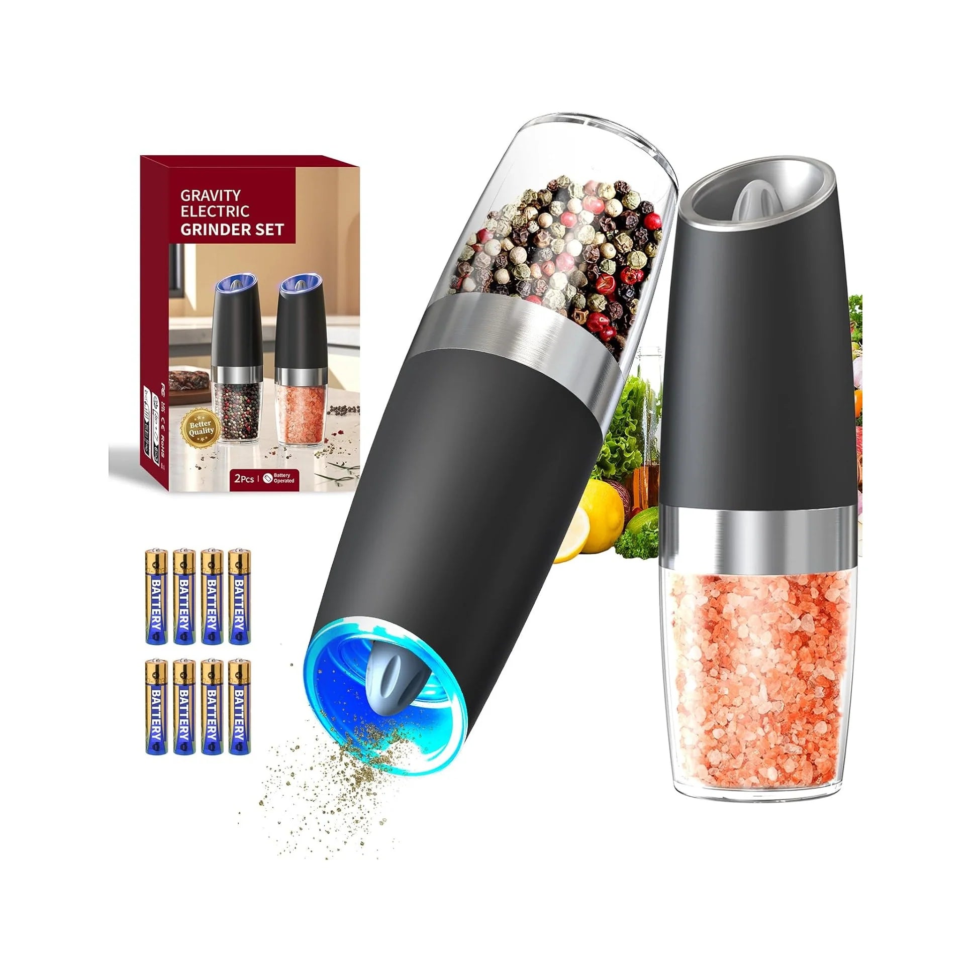 Gravity Electric Salt and Pepper Grinder Set Automatic Salt and Pepper Grinder Set with LED Light, Battery Operated, Adjustable Coarseness, Large Capacity, for Home Kitchen BBQ, Black
